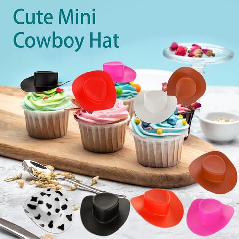 50PCS Mini Cowboy Hats for Cupcake Party Plastic Tiny Cowgirl Hat Small Cute Doll Hats for Cake Toppers Cowboy Hat Bottles Decorations (White) in Saudi Arabia