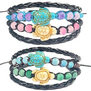 2Pcs Sea Turtle Beads Bracelet and Natural Stone Cute Bracelet-Hawaiian Sea Turtle Bracelet Friendship Gifts for Women Men Girls Adjustable Cord