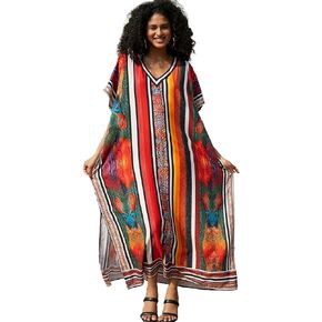 Eddoyee Kaftan Dresses for Women, Long Ethnic Print Caftans Batwing Sleeve Plus Size Swim Cover Up Boho Dress