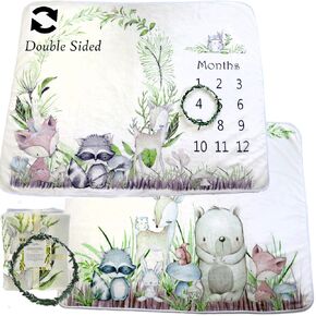 Woodland Friends Double Sided Baby Milestone Monthly Blanket, Forest Photo Prop Boy & Girl, Large Soft 310 GSM Fleece Blanket for Animal Nursery and Baby Registry/Shower