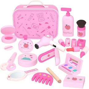 GAGAKU Wooden Makeup Toy Set Pretend Wood Beauty Hair Salon Toys for Toddler Wooden Makeup Kit for Girls with Styling Tools Christmas Birthday Gift for 3 4 5 6 7 Years Old Girls