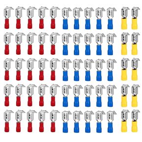 60PCS Semi Insulated Piggy Back Spade Quick Slice Crimp Terminals Connectors Assortment Quick Connector Assortment, 25pcs 16AWG (red)+25pcs 16-14AWG (Blue) +10pcs 12-10AWG (Yellow)