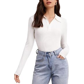 Verdusa Women's Casual Polo Neck Long Sleeve Ribbed Knit Button Up Tee T Shirt Top in Saudi Arabia
