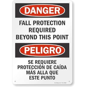 SmartSign "Danger: Fall Protection Required Beyond", Bilingual, Aluminum Sign, 14" x 10"