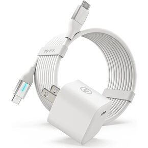 Galvanox 10 Ft USB-C Charger, Fast Charging for iPhone 15 Pro, 15 Pro Max with Long Reinforced Cable [Ultra Compact] Type-C Wall Plug Cube with Ten Foot Cord (GaN 33W Power Block) - White