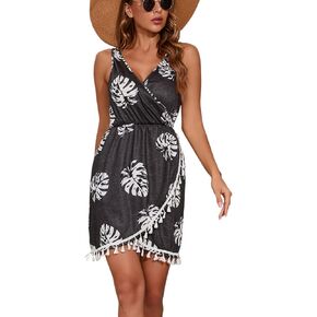 Womens Summer Dresses Wrap V Neck Sleeveless Sundress Beach Boho Flare Tank Dress with Pockets