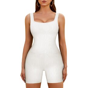 TrainingGirl Women's Yoga Romper Ribbed Athletic Jumpsuits Seamless One Piece Bodysuit Square Neck Tank Tops Exercise Unitard