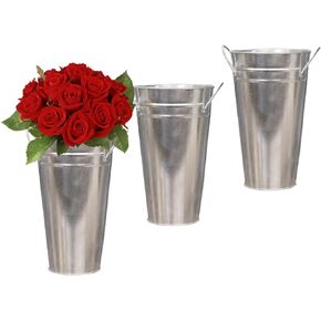 3 Packs Galvanized Metal Vases 15 Inch French Galvanized Bucket with Handles Rustic Style Metal Flower Holder for Farmhouse Home and Wedding Table Centerpiece Decor (Silver)
