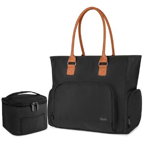 LUXJA Breast Pump Bag with Breastmilk Cooler Bag (Hold Four 5 Ounce Breastmilk Bottles), Leather Handle Breast Pump Tote for Working Mothers (With a Laptop Pocket), Black in Saudi Arabia