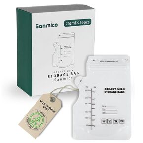 أكياس تخزين حليب الأم من Sanmico® - حاويات تجميد آمنة وعملية، 55 وحدة سعة 8 أونصة/250 مل، خالية من مادة BPA، سحاب مزدوج، أكياس تخزين مضخة الثدي/Bolsas de almacenamiento para Leche Materna in Kuwait