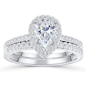 925 Sterling Silver Shining Half Full Diamond Classic Ring 2Ct Pear Cut Teardrop Halo Ring Cubic Zirconia Two Row CZ Solitaire Women Engagement Ring US Size 6-10