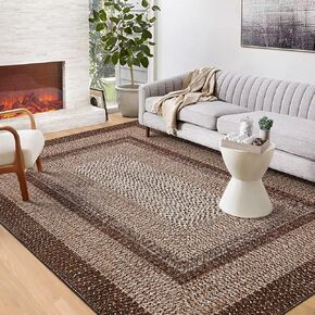GAOMON Rugs for Living Room 8x10 Boho Printed Washable Rug Modern Braided Area Rugs for Living Room Non Slip Low Pile Bedroom Rug Low Pile Non-Shedding Floor Carpet for Farmhouse Home Office Brown