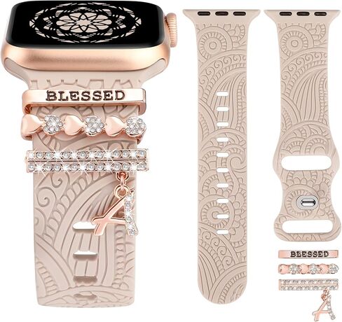 (Include Band) Decorative Ring Loops Compatible with Apple Watch Band Charms 41mm 40mm 38mm 42mm 44mm 45mm 49mm Women, Boho Engraved Silicone Dressy Strap for iWatch Series 9 Ultra SE 8 7 6 5 4 3 2 1 in Saudi Arabia