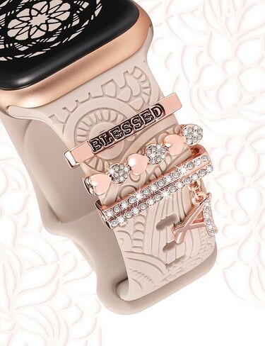 (Include Band) Decorative Ring Loops Compatible with Apple Watch Band Charms 41mm 40mm 38mm 42mm 44mm 45mm 49mm Women, Boho Engraved Silicone Dressy Strap for iWatch Series 9 Ultra SE 8 7 6 5 4 3 2 1 in Saudi Arabia