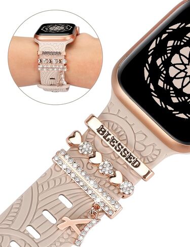 (Include Band) Decorative Ring Loops Compatible with Apple Watch Band Charms 41mm 40mm 38mm 42mm 44mm 45mm 49mm Women, Boho Engraved Silicone Dressy Strap for iWatch Series 9 Ultra SE 8 7 6 5 4 3 2 1 in Saudi Arabia