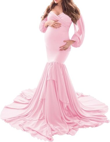Saslax Long Chiffon Sleeve Tired Mermaid Maternity Dress for Photoshoot Photography Baby Shower in Kuwait