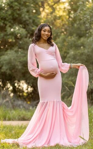 Saslax Long Chiffon Sleeve Tired Mermaid Maternity Dress for Photoshoot Photography Baby Shower in Kuwait