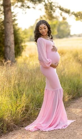 Saslax Long Chiffon Sleeve Tired Mermaid Maternity Dress for Photoshoot Photography Baby Shower in Kuwait