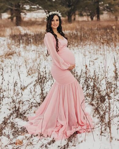 Saslax Long Chiffon Sleeve Tired Mermaid Maternity Dress for Photoshoot Photography Baby Shower in Kuwait