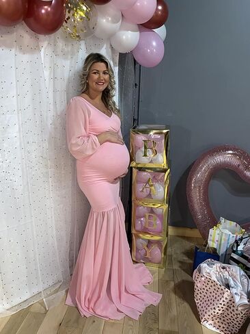Saslax Long Chiffon Sleeve Tired Mermaid Maternity Dress for Photoshoot Photography Baby Shower in Kuwait