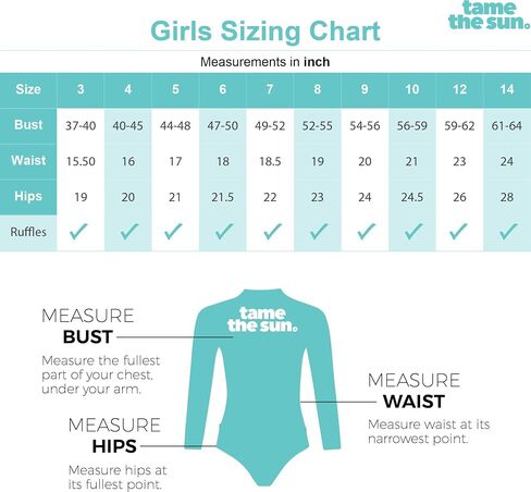 Tame the Sun Long Sleeve Swimsuit for Girls, UPF 50+, Ages 3-12 - Frills, One Piece Rash Guard Girls Bathing Suit in Kuwait
