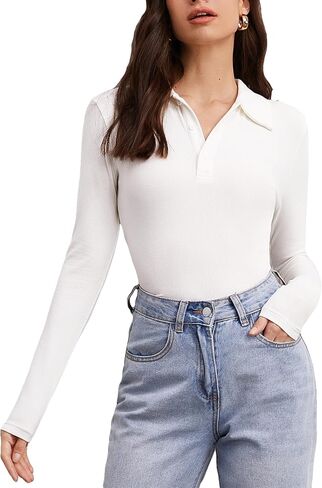Verdusa Women's Casual Polo Neck Long Sleeve Ribbed Knit Button Up Tee T Shirt Top in Saudi Arabia