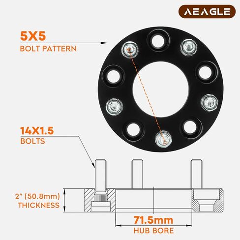 محولات عجلة AEagle 5x5 مقاس 2 بوصة 5x127 مم لسيارة 2011-2022 Grand Cherokee WK2، 5 فواصل عجلات مشكلة مع مسامير 14x1.5 71.5 مم تتحمل 4 قطع in Saudi Arabia