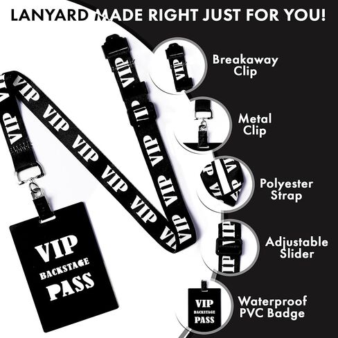 10 قطع من حبل شارة VIP قابل للتعديل بطول قابل للفصل - مجموعة حبل أسود VIP مع بطاقة VIP بلاستيكية PVC لحفلات خلف الكواليس وحفلات أعياد الميلاد وتذكرة ألعاب in Kuwait
