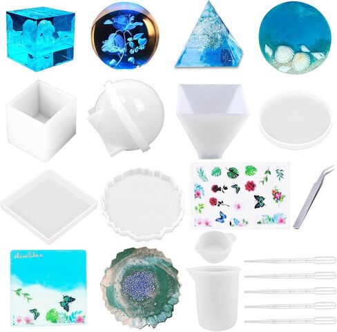 Resin molds, Silicone Kit for beginner, Silicone Molds for Epoxy Resin Casting, Including Sphere, Cube, Pyramid and 3pcs Coaster Moulds-Round, Square, Irregular, DIY Tools Set and Decorative Materials in Saudi Arabia