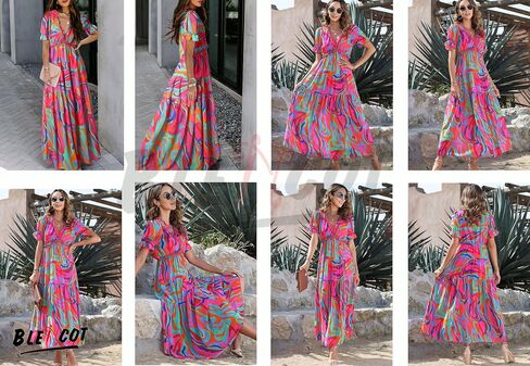BLENCOT Women's Casual Boho Floral Printed Deep V Neck Dress in Kuwait