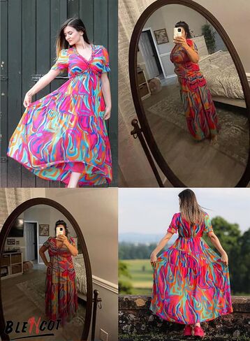 BLENCOT Women's Casual Boho Floral Printed Deep V Neck Dress in Kuwait