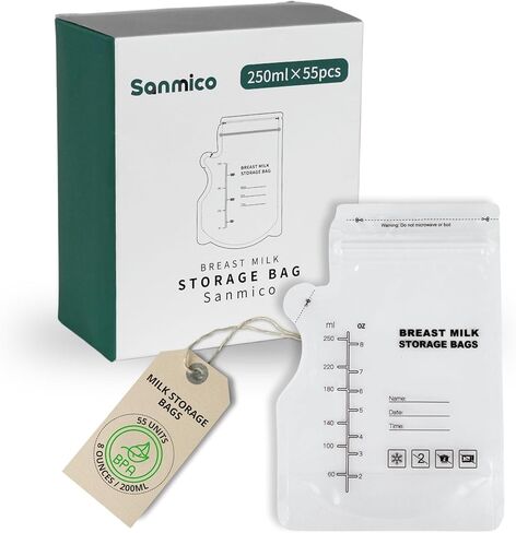 أكياس تخزين حليب الأم من Sanmico® - حاويات تجميد آمنة وعملية، 55 وحدة سعة 8 أونصة/250 مل، خالية من مادة BPA، سحاب مزدوج، أكياس تخزين مضخة الثدي/Bolsas de almacenamiento para Leche Materna in Kuwait