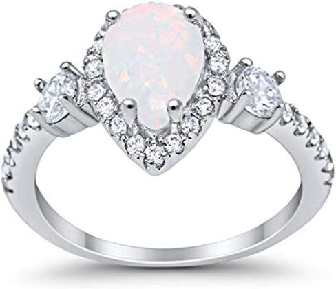 Blue Apple Co. 3-Stone Halo Teardrop خاتم زفاف أنيق على شكل كمثرى مكعب مستدير من الزركونيوم 925 من الفضة الإسترليني والفضة الاسترليني in Kuwait