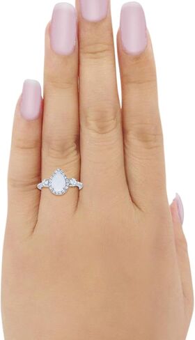 Blue Apple Co. 3-Stone Halo Teardrop خاتم زفاف أنيق على شكل كمثرى مكعب مستدير من الزركونيوم 925 من الفضة الإسترليني والفضة الاسترليني in Kuwait