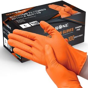 MedRose Disposable Nitrile Gloves –Raised Diamond Texture, Extra Thick, Latex-Free, Powder-Free, Orange Gloves - Ideal for Industrial, Lab, Automotive, and Mechanic Use – Large– 100 Gloves per Box