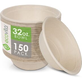 100% Compostable Paper Bowls [32 oz.] – 150 Disposable Bowls Eco Friendly Sturdy Tree Free Liquid and Heat Resistant Alternative to Plastic or Paper Bowls