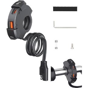 Motorcycle USB Charger, Motorcycle Phone Charger Handlebar Mount, Waterproof A+C Dual USB Port QC3.0 30W Fast-Charging Charger for Mobile Phone, GPS, Motorcycle Parts Accessories