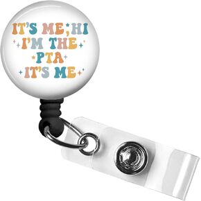 Retractable ID Card Badge Holder with Alligator Clip, Name Nurse Decorative Badge Reel Clip on Card Holders (It's me,PTA), Small, Black, Usoway-35R
