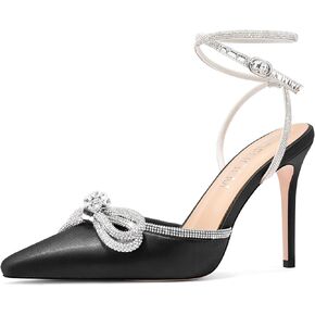 HDEUOLM Womens Stiletto High Heel Pointed Toe Sandals Pumps Ankle Strap Rhinestone Crystal Bow-knot Wedding Cute Satin Summer 3.9 Inches Heels