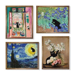 Cute Kitten Art Print - Black Cat Wall Decor - Funny Bathroom Poster - Weird Quirky Kitty Toilet Decoration - Gifts for Cat Lover - Vintage Paintings - Van Gogh Monet Klimt Da Vinci - Eclectic