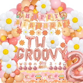 Two Groovy Birthday Decorations for Girl 2nd birthday, Two Groovy Party decorations Groovy Tablecloth Birthday Banner and Daisy Balloons Garland kit