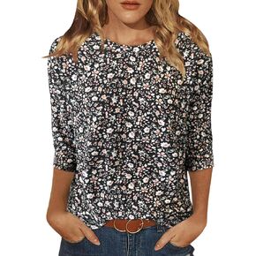 Womens Tops 3/4 Sleeve Shirts Round Neck Loose Casual Blouses Floral Print Tshirts