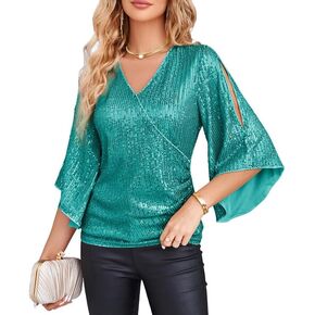 GRACE KARIN Womens Sequin Tops 3/4 Sleeve Glitter Sparkly Party Blouse V-Neck Dressy Tops for Evening Party