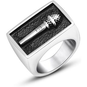 Men's Vintage Stainless Steel Hip Hop Microphone Rectangle Signet Top Rings,Black High Polished,Silver Tone