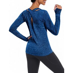 قمصان رياضية للسيدات من ADOME بأكمام طويلة وقمصان للتمرين متقاطعة من الخلف للمشي لمسافات طويلة والجري وملابس رياضية سريعة الجفاف وممتصة للرطوبة، أزرق صغير in Kuwait