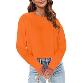 Tankaneo Womens Long Sleeve Cropped T-Shirts Round Neck Casual Drop Shoulder Crop Tops Solid Pullover Tees