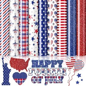 Whaline 9 Sheet Patriotic Heat Transfer Vinyl 4th of July Glitter Iron on Vinyl American Star Pattern HTV Adhesive Craft Vinyl for Independence Day Clothing Costume DIY Fabric Craft, 9.6 x 11.8 Inch