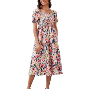 Women's Square Neck Floral Long Dress Puff Short Sleeve High Waist Smocked Midi Dress