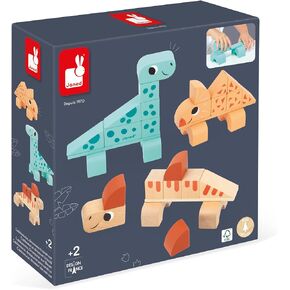 Janod Dino - 31 Piece Wood Dinosaur Stacking Blocks - Assemble 3 Cute Dinos - Ages 2-5 Years - J05833
