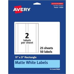 Avery Matte White Rectangle Labels, 11" x 3", 50 Matte White Printable Labels